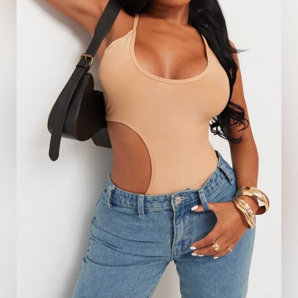 PLT Slinky side cut out back cross strap bodysuit Tan beige Size 10 NWT